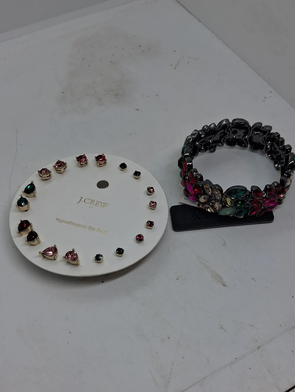 NWT J. Crew Multicolor Crystal Flower Bracelet with Assorted Stud Earrings